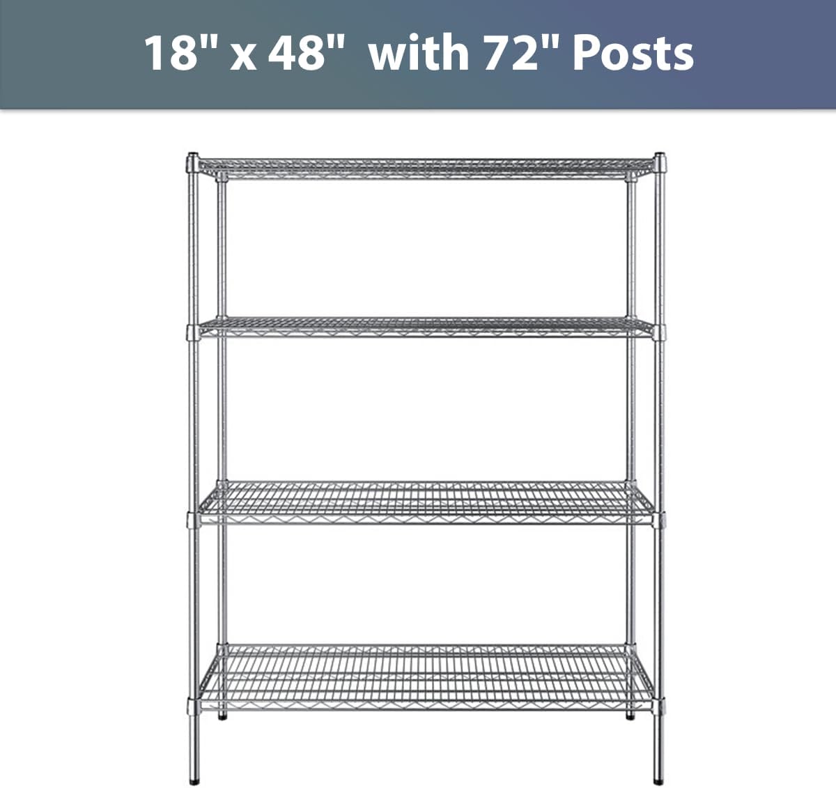 18" x 48" NSF Chrome 4-Shelf Kit with 72" Posts, Commercial Storage Rack Unit, Heavy Duty Storage Shelving, Wire