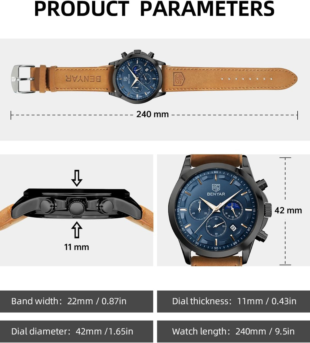 Mens Watch Analog Quartz Movement Chronograph Stylish Casual Wristwatch with Stainless Steel Bracelets Waterproof