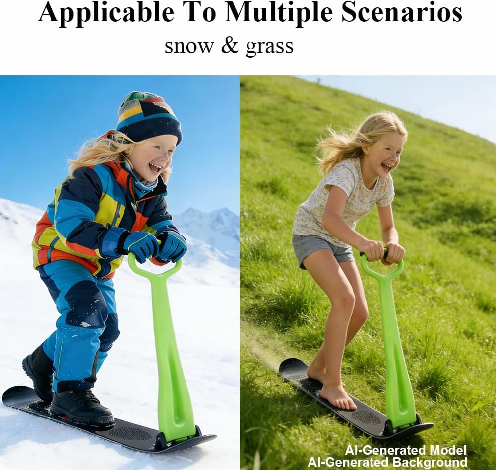 Snow Scooter, Fold-up Snowboard with Handlebar Kick-Scooter Sliding Snow Sled for Kids and Adults, Toddlers Ski Skate