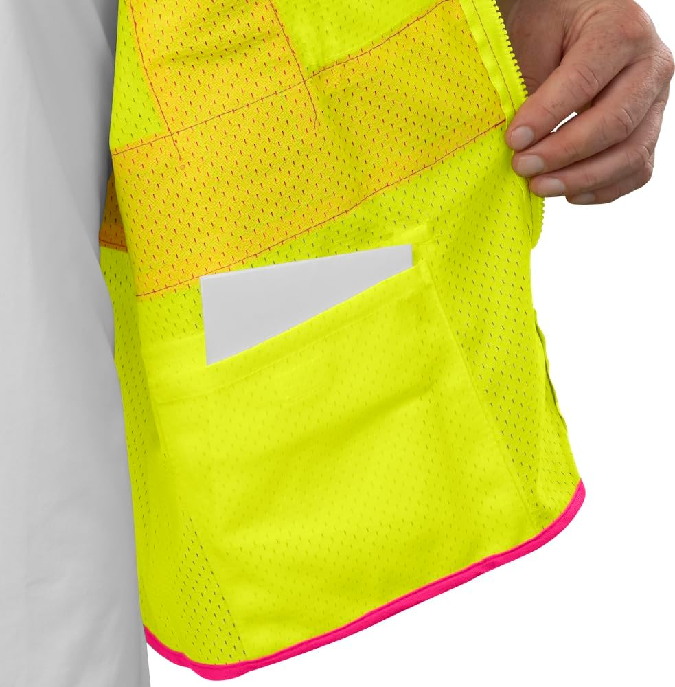 1284-LZ-PT-4-XL ANSI Class 2 Polyester Mesh SAFETY Vest with Zipper & 2" Silver Reflective Tape w/Pink Trim, Lime