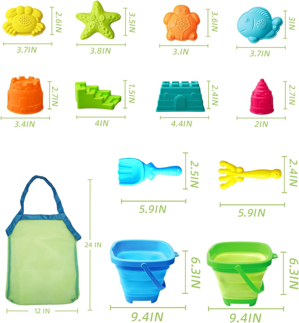 Collapsible Beach Toys for Toddlers Kids – 2 Foldable Sand Buckets Shovel Rake, 8 Sand Molds & Castle Building Kit