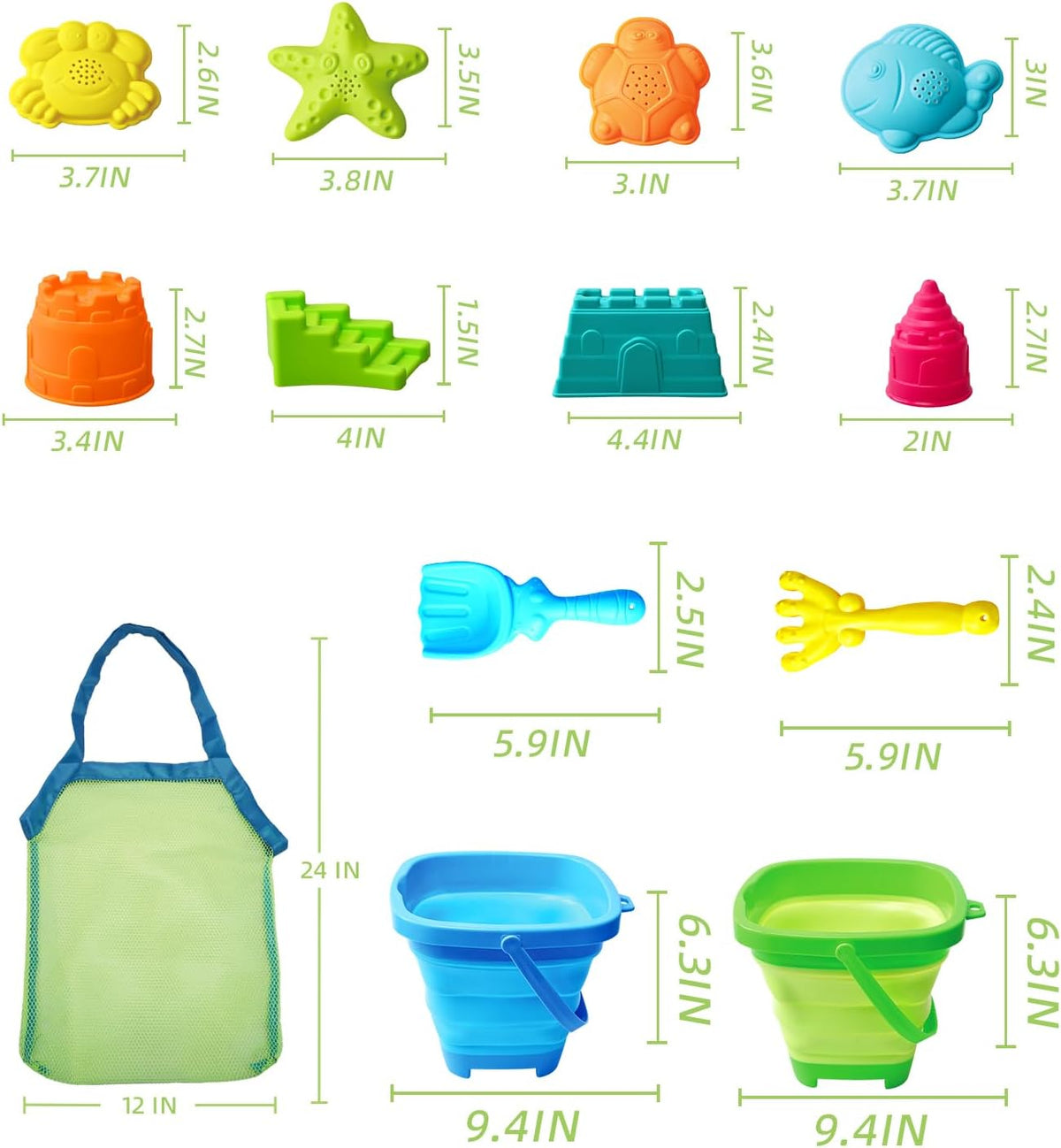 Collapsible Beach Toys for Toddlers Kids – 2 Foldable Sand Buckets Shovel Rake, 8 Sand Molds & Castle Building Kit