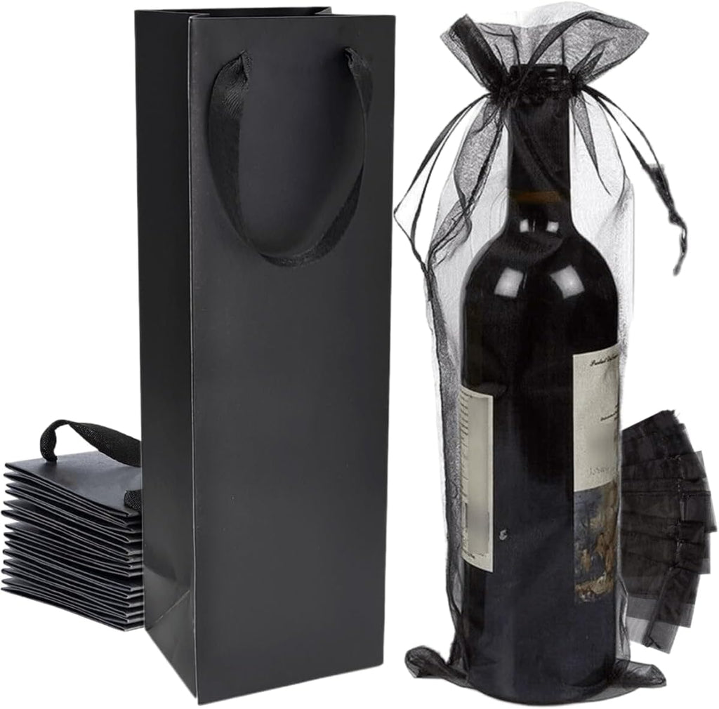 60Pack Black Wine Gift Bags with Black Organza Wine Bottle Bags