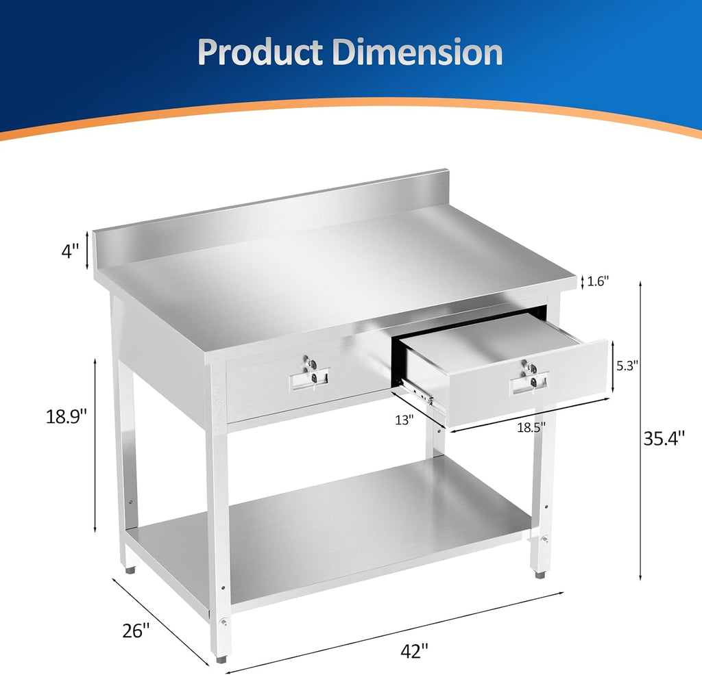 42" X 26" Stainless Steel Table with 2 Drawers, Commercial Heavy Duty for Work & Prep, Backsplash & Undershelf for