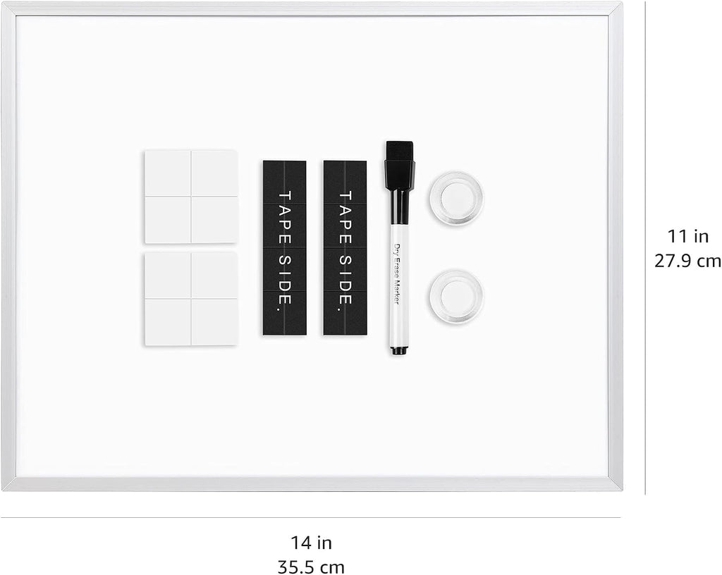 Small Dry Erase Whiteboard, Magnetic Bulletin Board, with Marker and Magnets, 11"W x 14"H, Aluminum Frame
