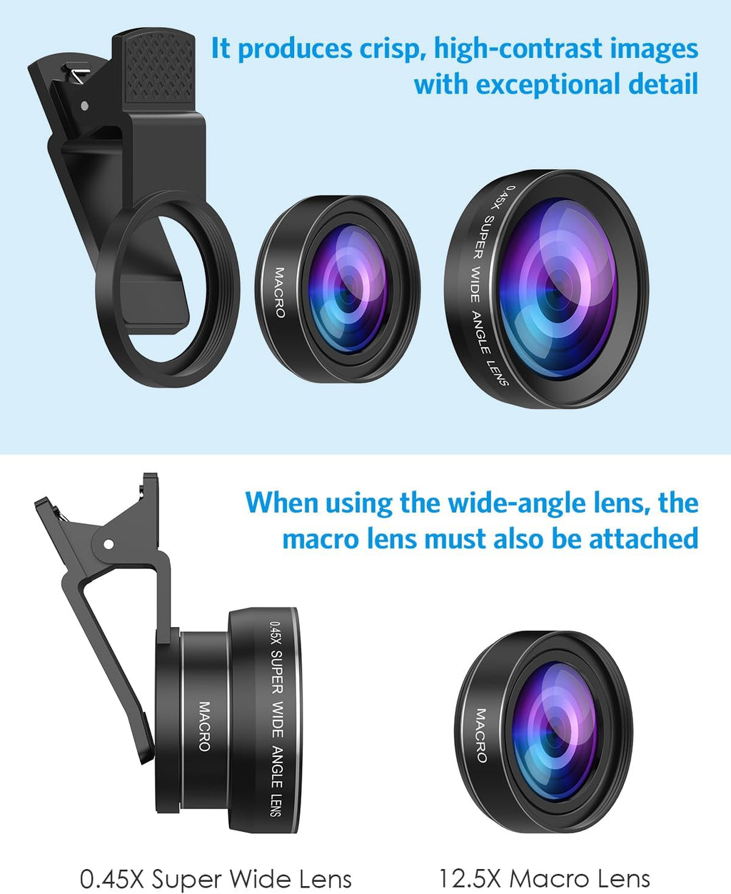 Phone Camera Lens Kit, Upgraded 0.45X Super Wide Angle Lens, 12.5X Macro Lens for iPhone, 2-in-1 Professional Clip-On