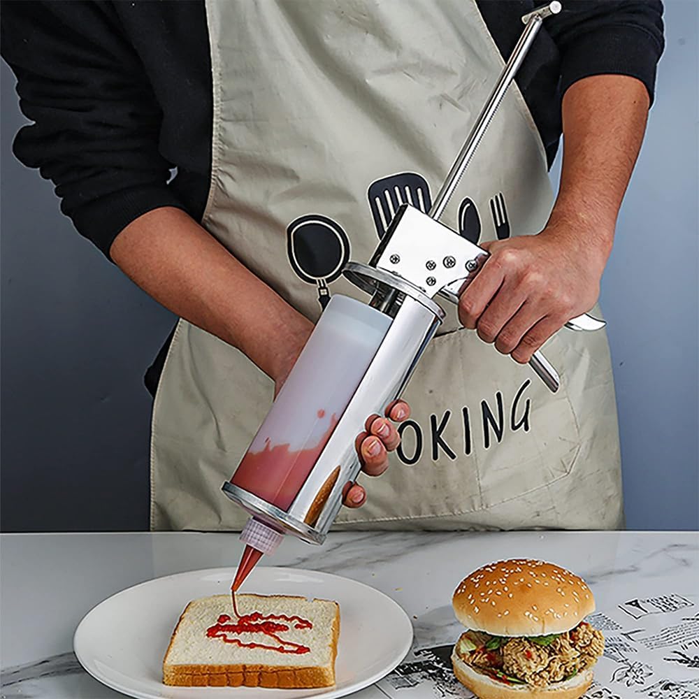 Quantitative Sauce Dispenser, Stainless Steel Burger Sauce Gun, with Squeeze Bottles
