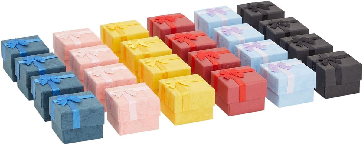 Ring Boxes Bulk Set - 24-Pack Multi-Color Square Cardboard, 1.6 x 1.2 x 1.6 In - Mini Gift Box with Lid & Bow for
