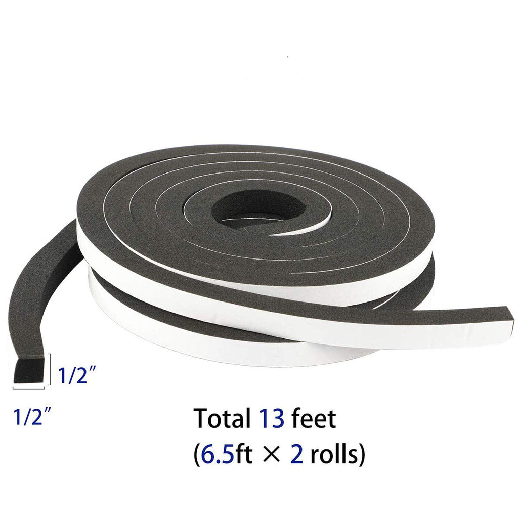 High Density Foam Tape Weather Stripping, 1/2" W x 1/2" T x 6.5Ft L, 2 Roll