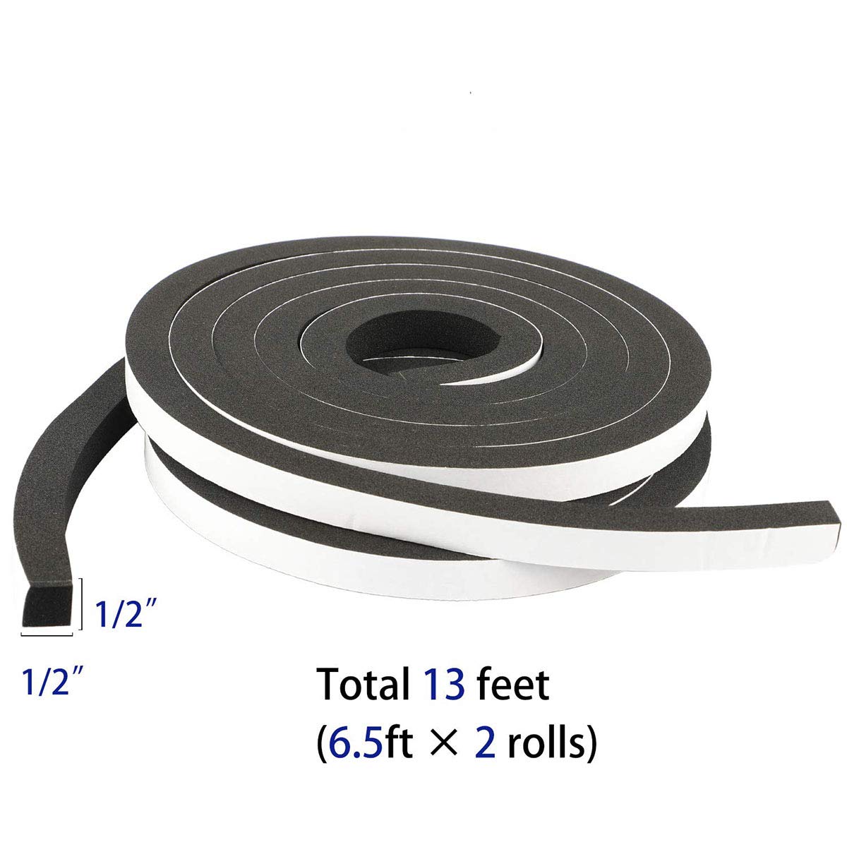 High Density Foam Tape Weather Stripping, 1/2" W x 1/2" T x 6.5Ft L, 2 Roll