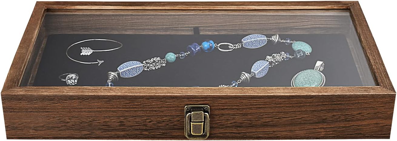 Wood Jewelry Display Case with Tempered Glass Top, Black Velvet Pad | Wood display case with a glass top and