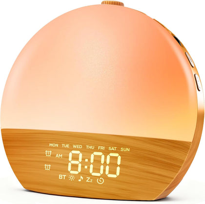 Sunrise Alarm Clock Dual Alarm Clock for Heavy Sleeper | Wood Grain Dimmable Night Light, White Noise Machine for
