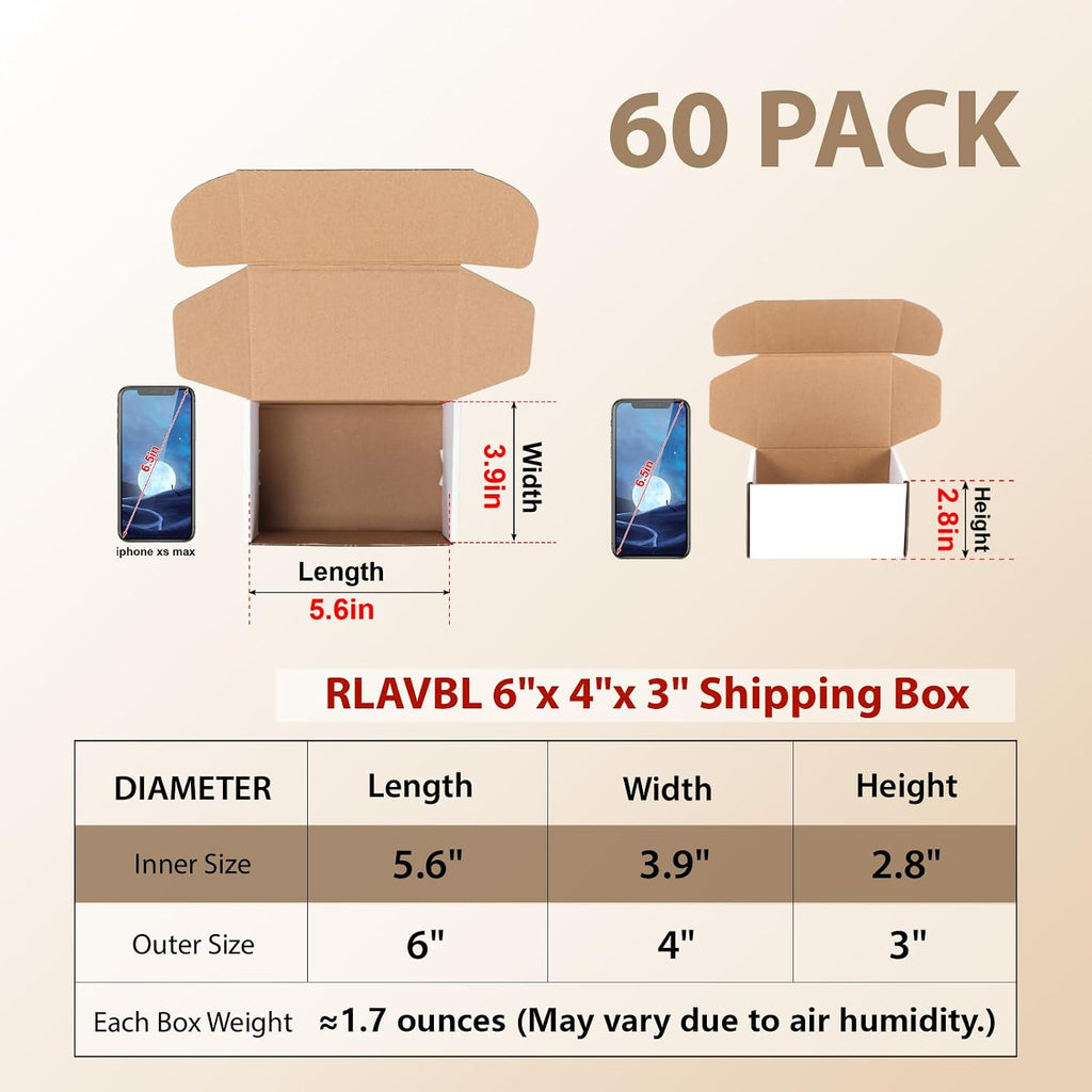 60 Pack 6x4x3 Shipping Boxes, White Corrugated Cardboard Mailer Box