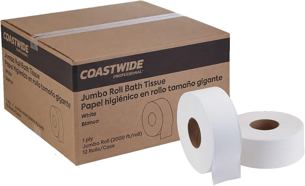 Professional Jumbo Toilet Paper, 1-Ply, White, 12 Rolls