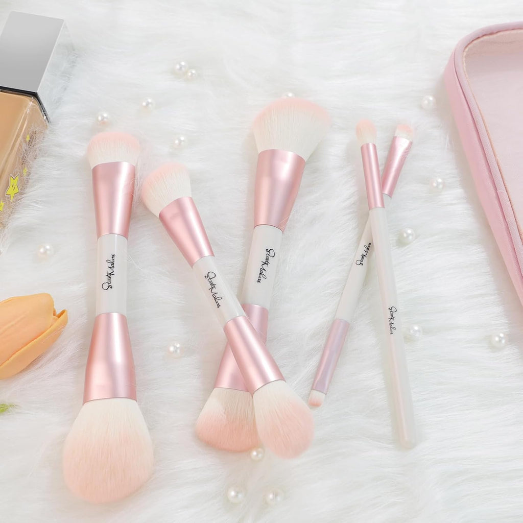 Makeup Brushes 5Pcs Dual Ended Pink Makeup Brush Set for Foundation Blush Bronzer Concealer Contour Powder Highlight