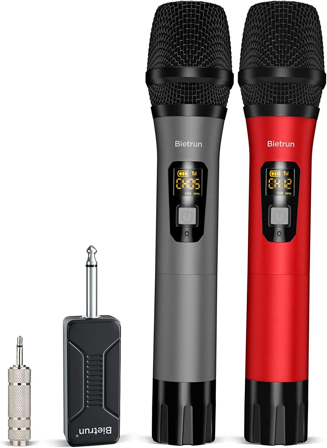 UHF Wireless Microphone with 1/4'' Plug Rechargeable Receiver, 160 Feet, Professional Metal Dual Handheld Cordless