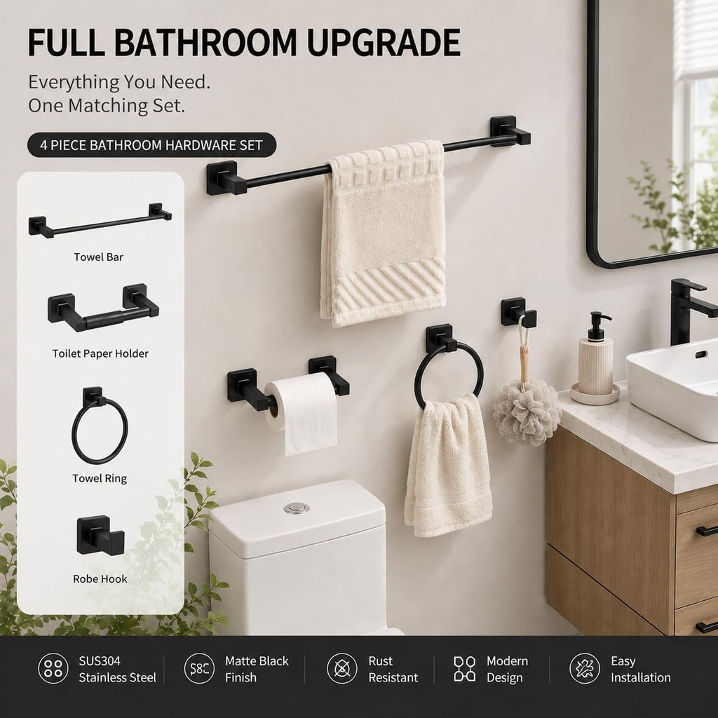 Matte Black Bathroom Hardware Set 4 Pieces,Bathroom Accessories Set Stainless Steel Wall Mounted, Hand Towel Bar