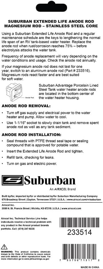Suburban Magnesium Anode Rod for RV Water Heaters, Easy Install (233514)