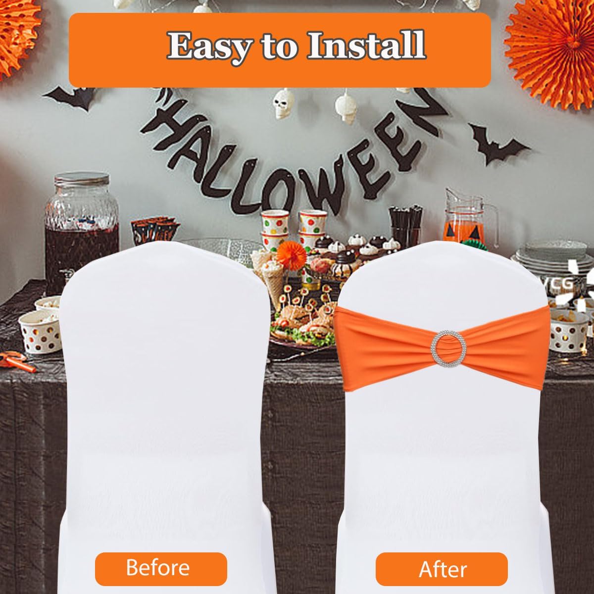 Chair Sashes Spandex Stretch Chair Bows with Buckle Slider for Wedding Party Decorations (Orange, 25PCS)