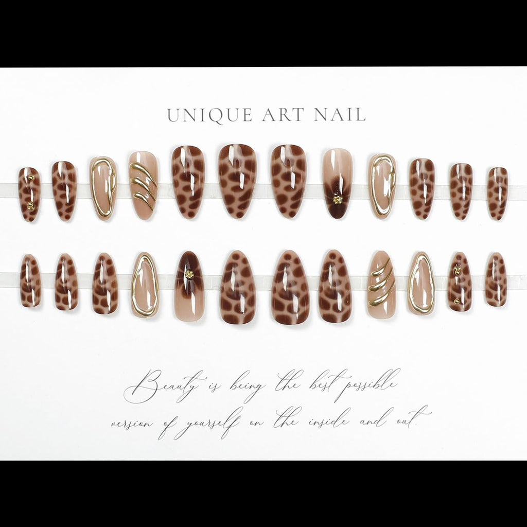 Brown Almond Press on Nails - Medium Leopard Fake Nails with 3D Gold&Flower Designs, Glossy Finished Reusable False