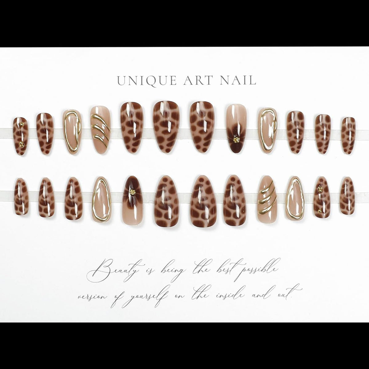 Brown Almond Press on Nails - Medium Leopard Fake Nails with 3D Gold&Flower Designs, Glossy Finished Reusable False