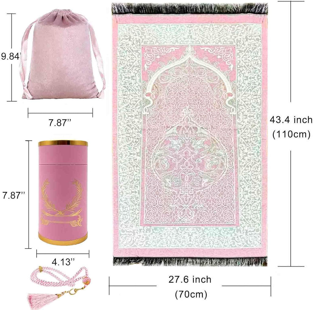 Muslim Prayer Rug and Beads with Gift Box, Soft Islamic Prayer Mat, Islamic Gifts Set, Prayer Carpet Mat