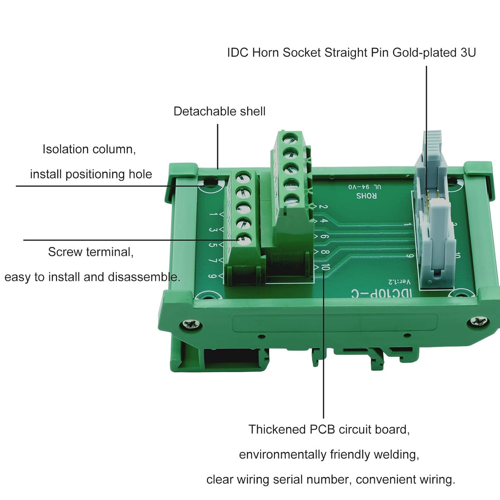 IDC10 2x5 10Pins 0.1" FRC Connector Interface Module DIN Rail Mount Male Header Terminal Block Breakout Board for PLC MCU Flat Ribbon Cable (IDC10 2x5Pin)