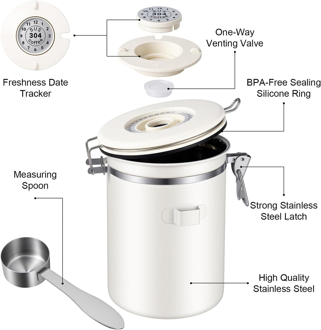 22OZ Airtight Stainless Steel Coffee Canister with Date Tracker | With Measuring Scoop, Food Grade Safe, For Coffee