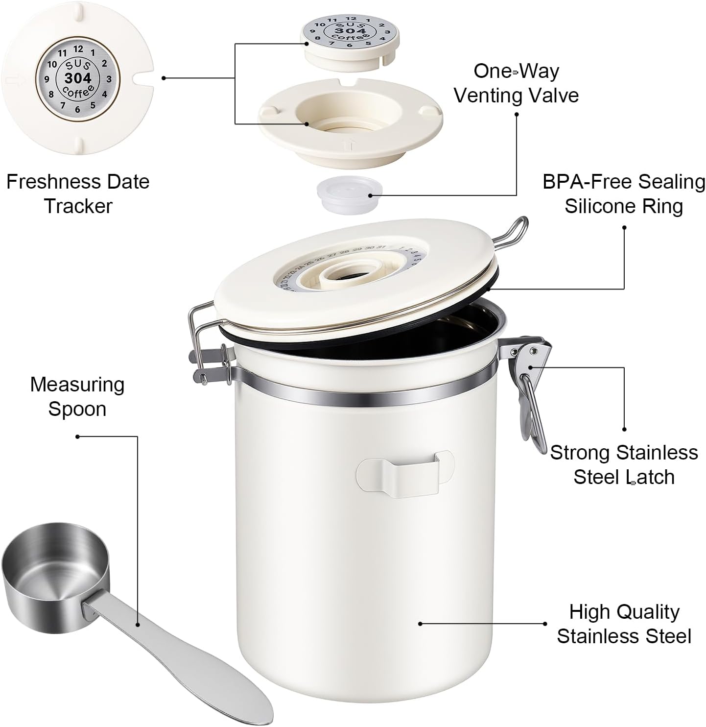22OZ Airtight Stainless Steel Coffee Canister with Date Tracker | With Measuring Scoop, Food Grade Safe, For Coffee