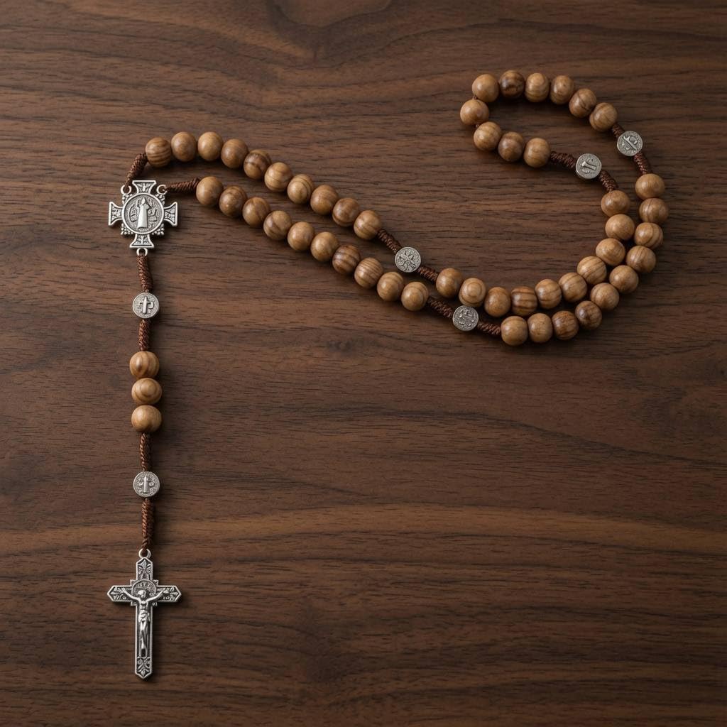 Nazareth Store Sacred St Benedict Wood Beads Rosary Solid Wooden Prayer Chaplet with Cross Saint Medal & Silver Jesus
