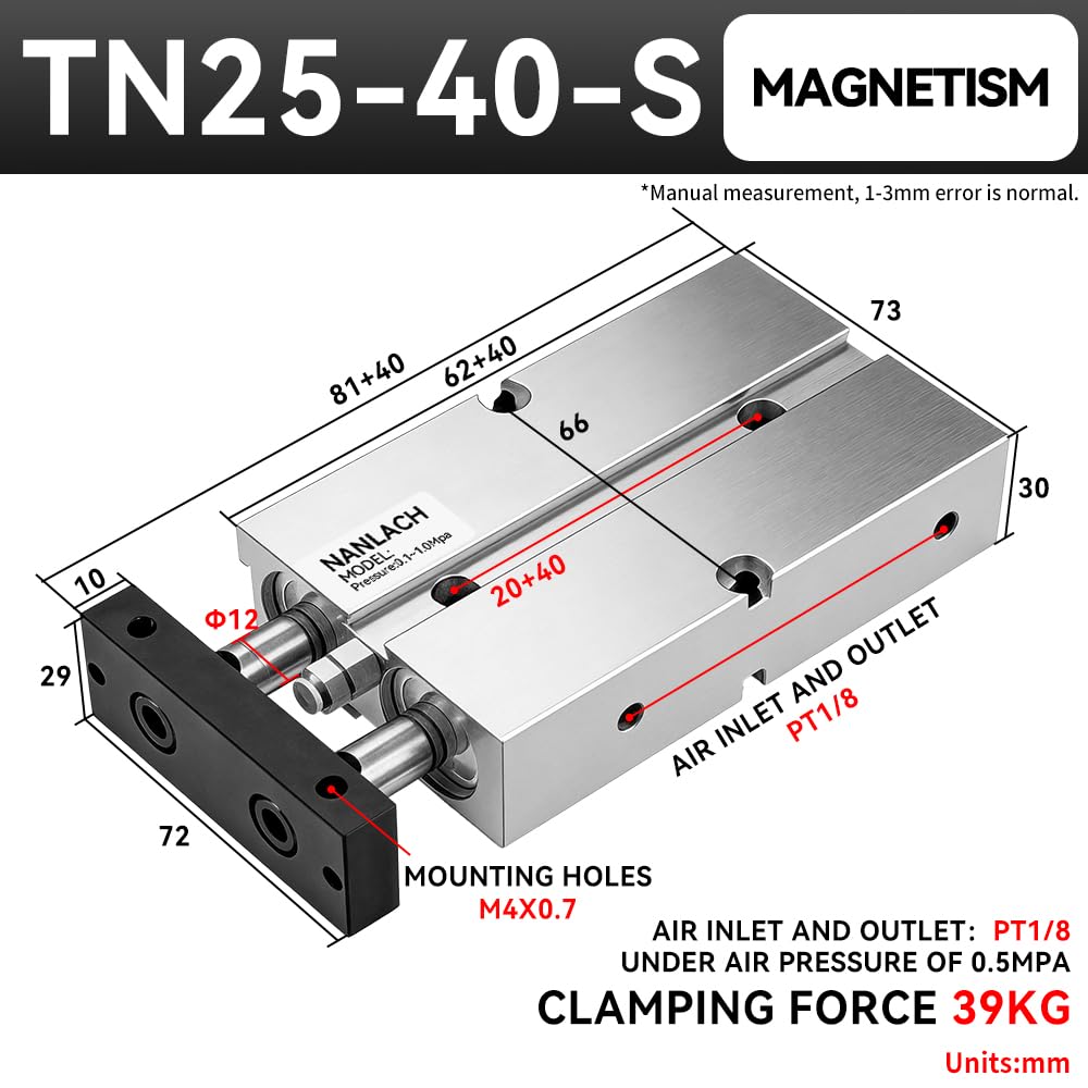 Pneumatic 25mm Bore 40mm Stroke Dual Axis Double-Rod Double-Acting Aluminum Pneumatic Air Cylinder TN25X40