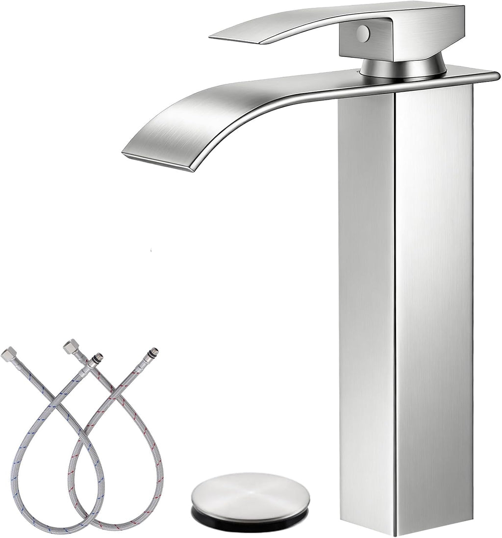 Brushed Nickel Bathroom Faucet 1 Hole Waterfall Vessel Sink Faucet