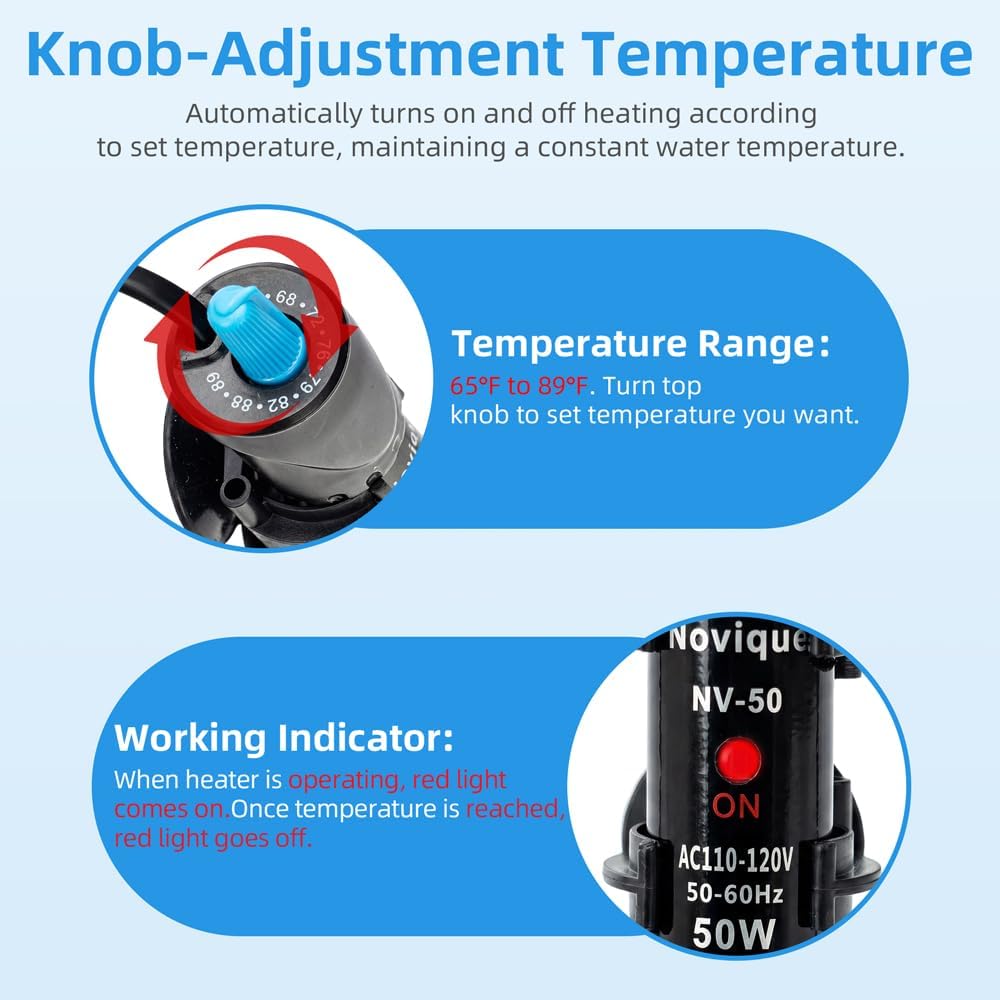 50W Aquarium Heater Adjustable Temperature Submersible Fish Tank Heater Water Thermostat with Thermometer for