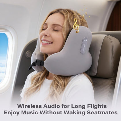 Neck Travel Pillows for Airplanes with Bluetooth, Premium Memory Foam Neck Pillow, Noise Reducing Travel Pillow for