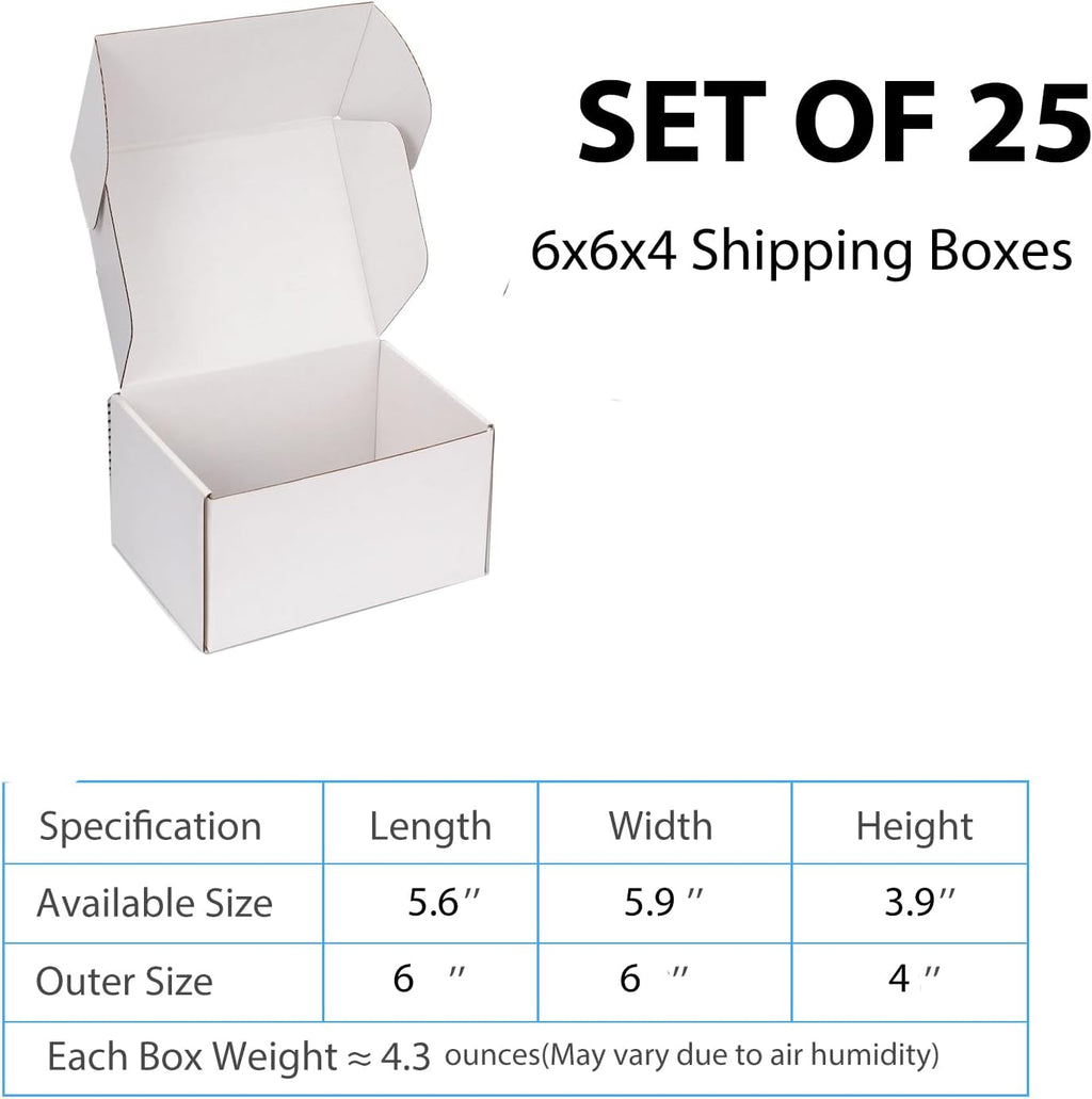 6x6x4 White Shipping Boxes for Small Business, Packing, 25 Pack