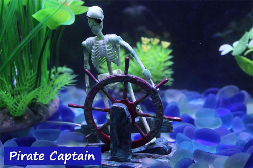 Aquarium Decor Ornament Air-Driven Active Skeleton Pirate Captain for Fish Tank Decoration