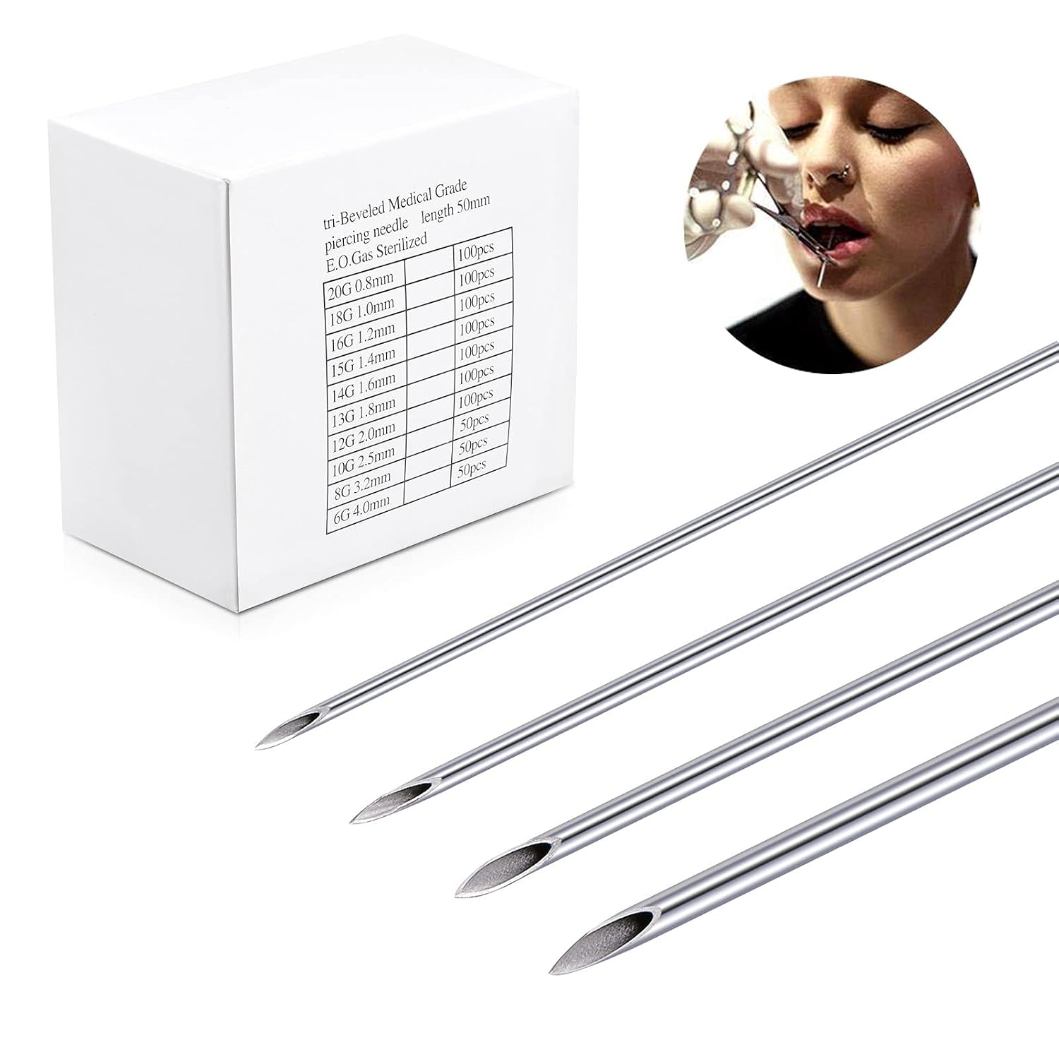 50PCS Mixed Body Piercing Needles, 12G 14G 16G 18G 20G Disposable Sterile Stainless Steel Piercing Needles for Ear