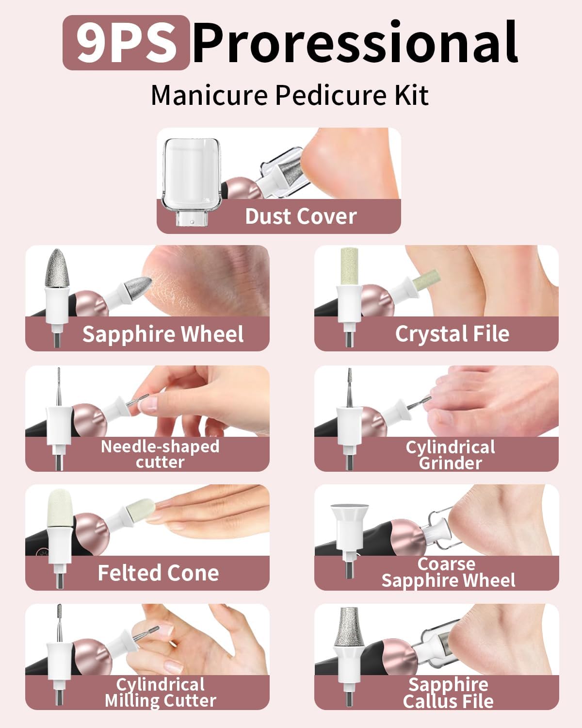 Professional Manicure Pedicure Kit, Cordless Electric Nail File Set, Rechargeable Pedicure Tools for feet, 5 Speeds