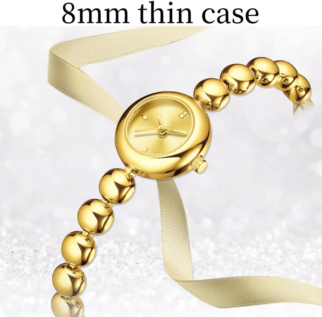 Women Gold Watch Beaded Bracelet Vintage Dainty Silver Ladies Watches Jewelry Analog Dress Small Round Luxury Wrist