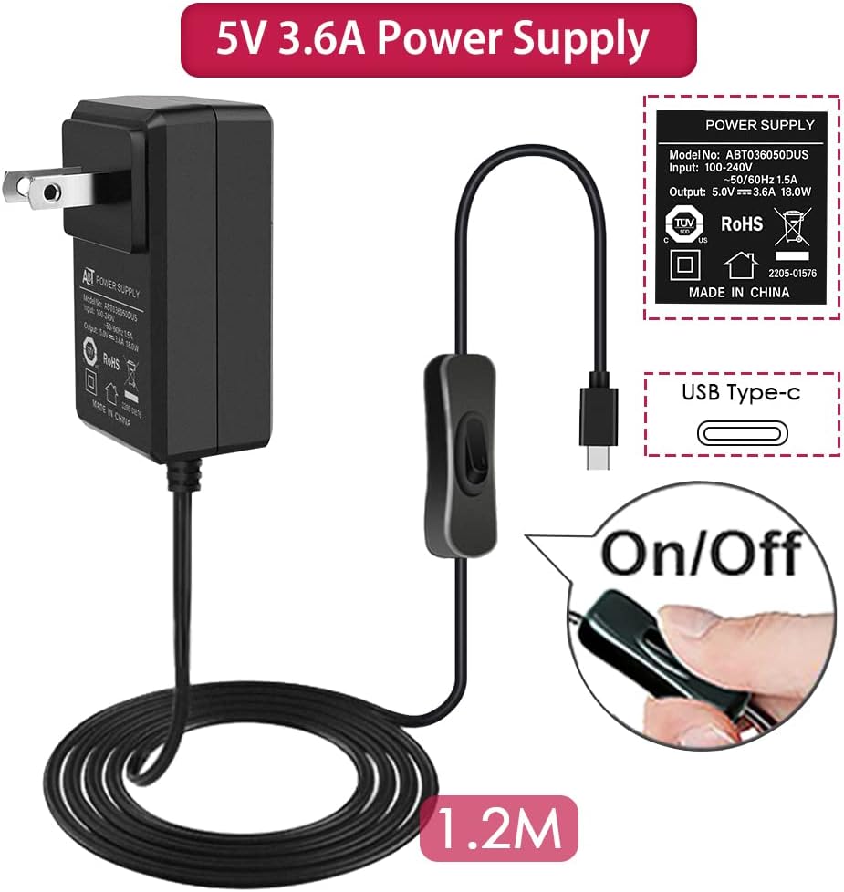 GeeekPi 18W 5V 3.6A Power Supply for Raspberry Pi 4/Orange Pi 5&5B, Type C with ON/Off Switch and Micro USB Adapter