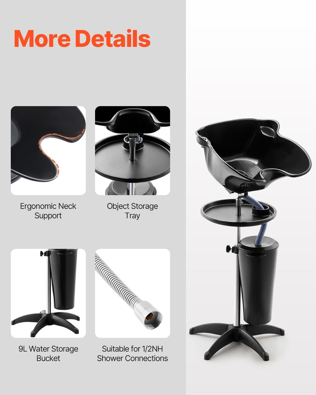 Portable Shampoo Bowl, Deep Shampoo Sink with Adjustable Height & Angle, Washing Hair Station Includes Drain Hose