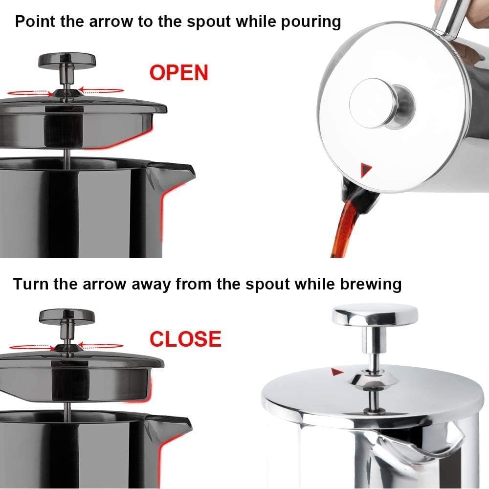 French Press Coffee Maker, 304 Grade Stainless Steel Insulated Coffee Press with 2 Extra Screens, 12oz (0.35 Litre)