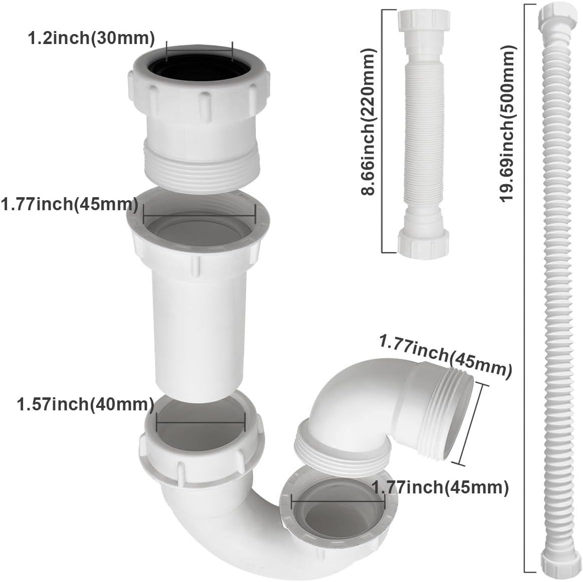 White 1 1/4" and 1-1/2" P-Trap Plumbing Kit with Threaded Adapter, J-Bend for Restroom Sink Kitchen Sink Drain Pipe