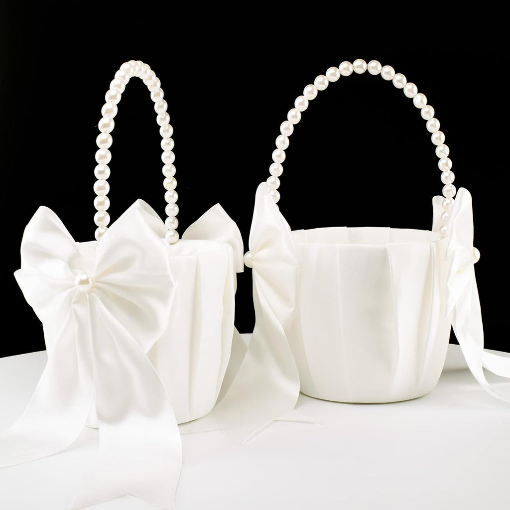2 Pack Flower Girl Baskets and Ring Bearer Pillow Set, Ivory