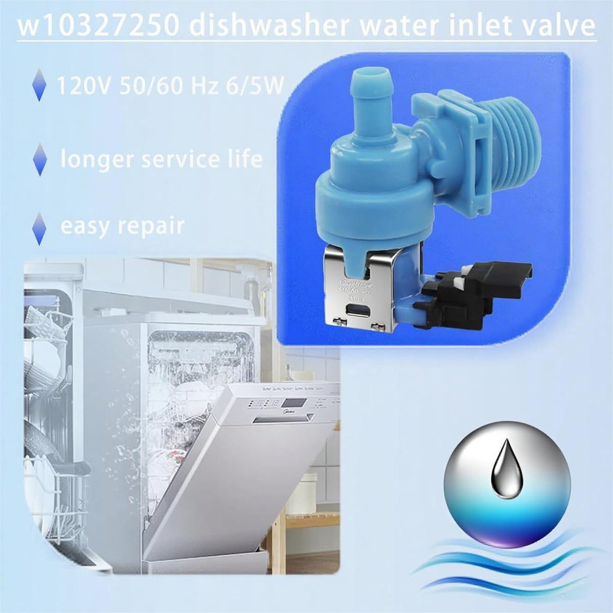 W10327249 W10327250 W11175771 Dishwasher Water Inlet Valve Fit for Whirlpool,Produced for Dishwasher Water Inlet Valve Replacement Part - replaces W10195047 W10327250 W10872255 W11130744