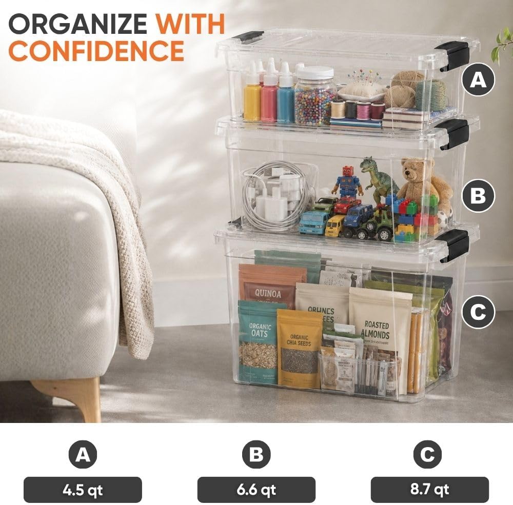 8.7 Quart Clear Plastic Storage Boxes with Lids, Stackable Organizer Containers, BPA-Free Storage Bins for Home