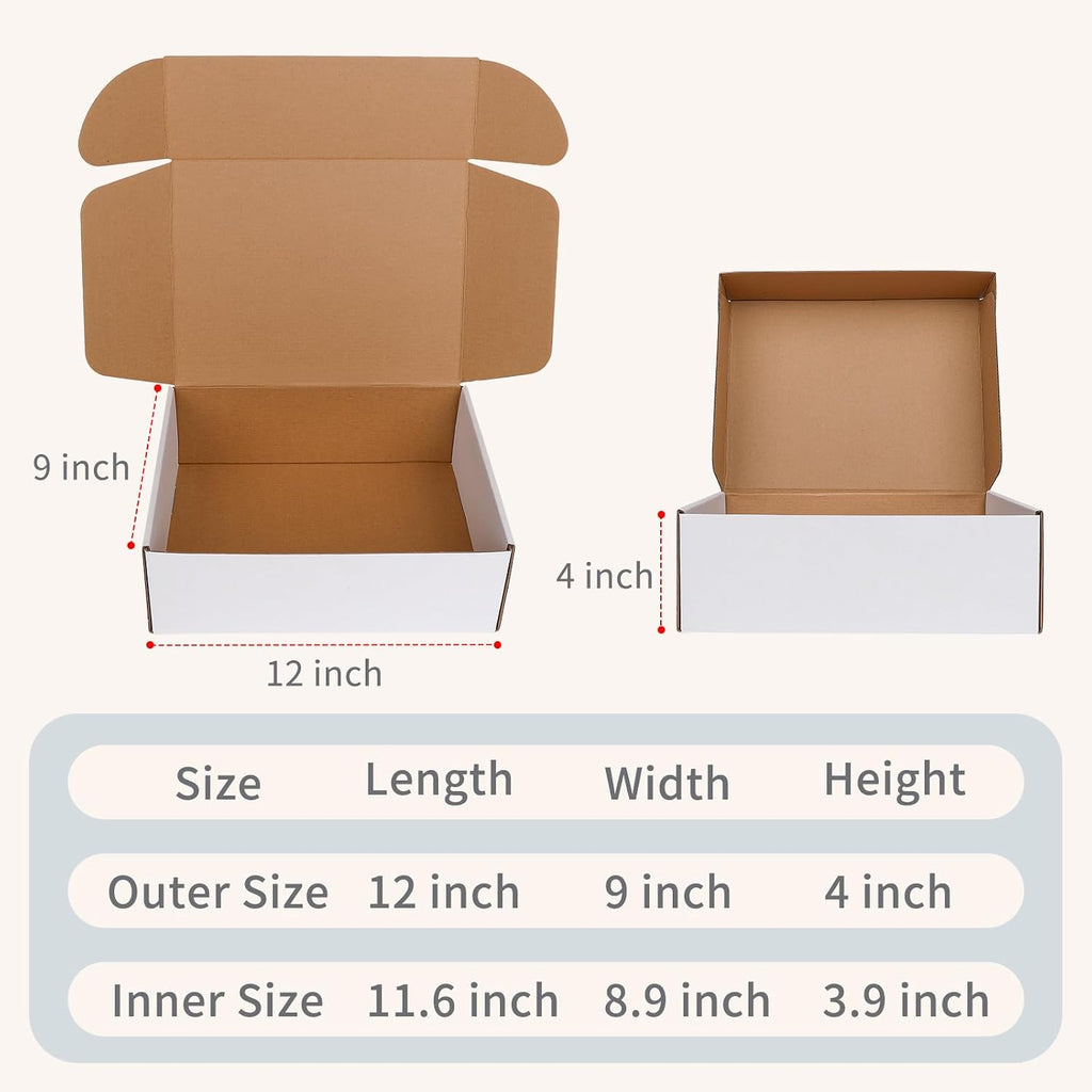 12" x 9" x 4" White Corrugated Cardboard Shipping Boxes Set of 5