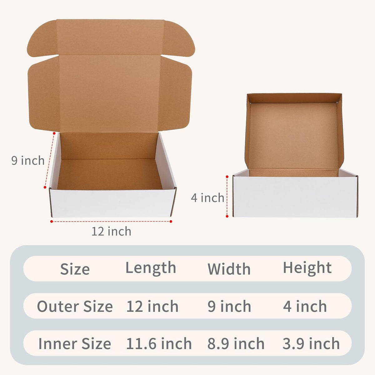 12" x 9" x 4" White Corrugated Cardboard Shipping Boxes Set of 5