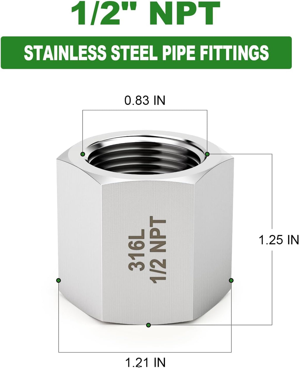 TAISHER 2PCS Forging of 316L SS Hex Coupling, 1/2" NPT Female Pipe Fitting