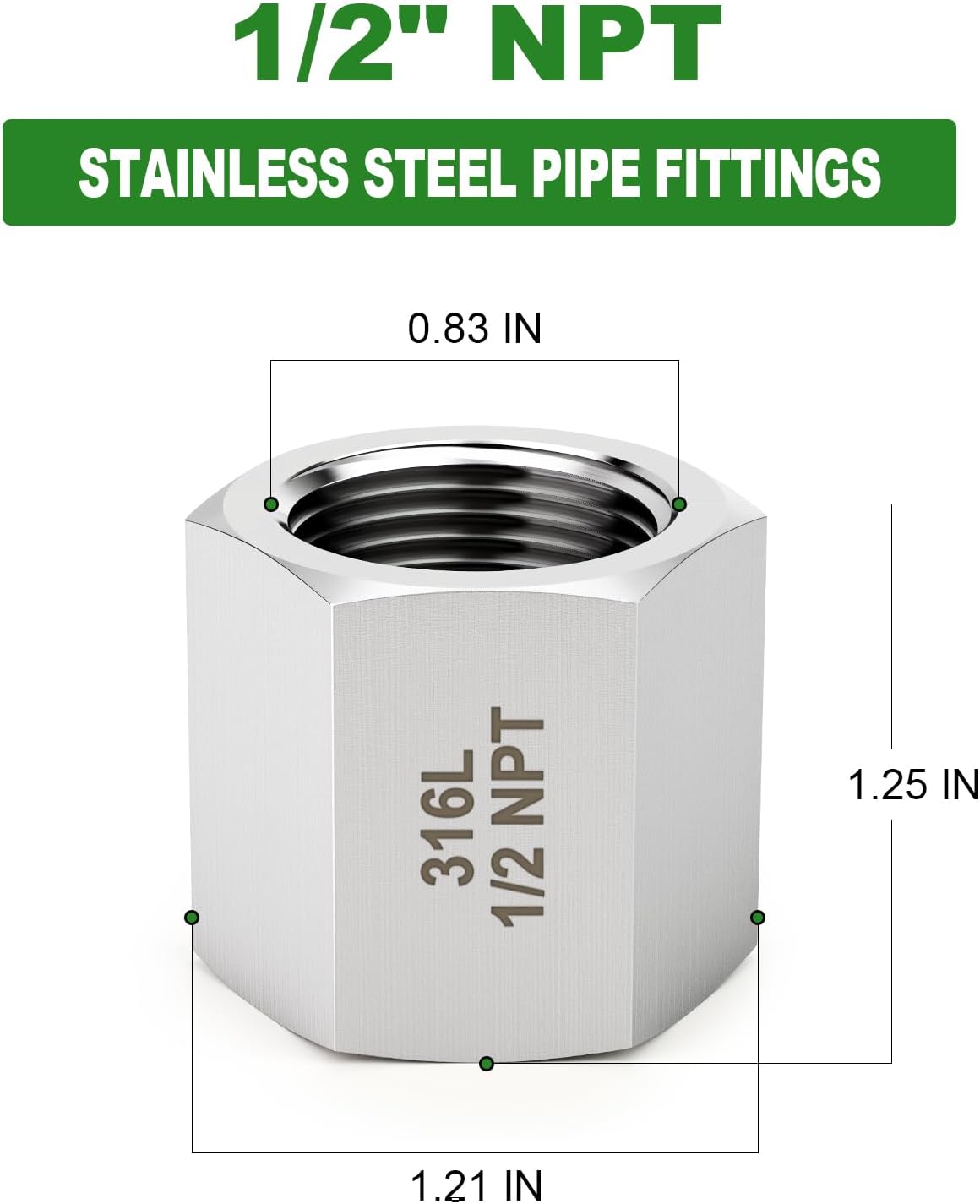 TAISHER 2PCS Forging of 316L SS Hex Coupling, 1/2" NPT Female Pipe Fitting